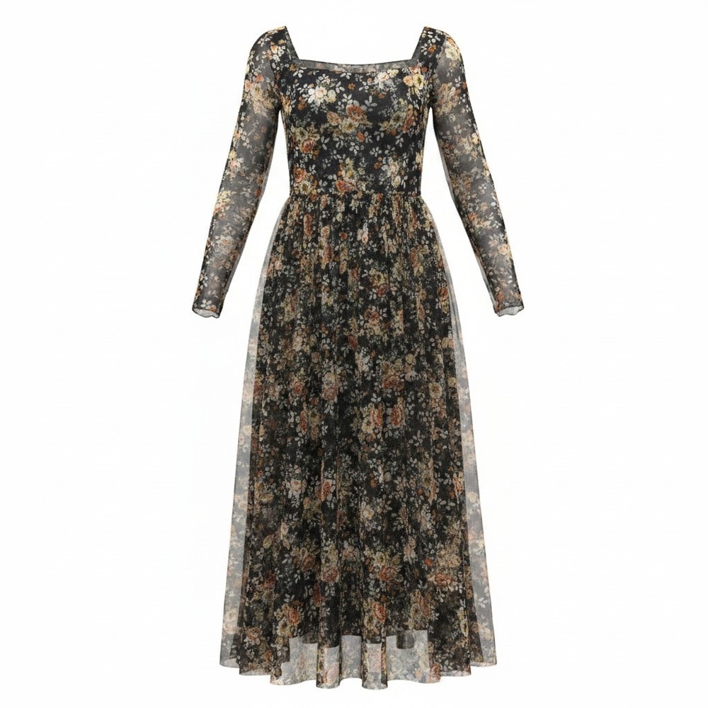 Urban Outfitters Floral Lace Midi Dress Womens XS Black Orange Long Sleeve Exc